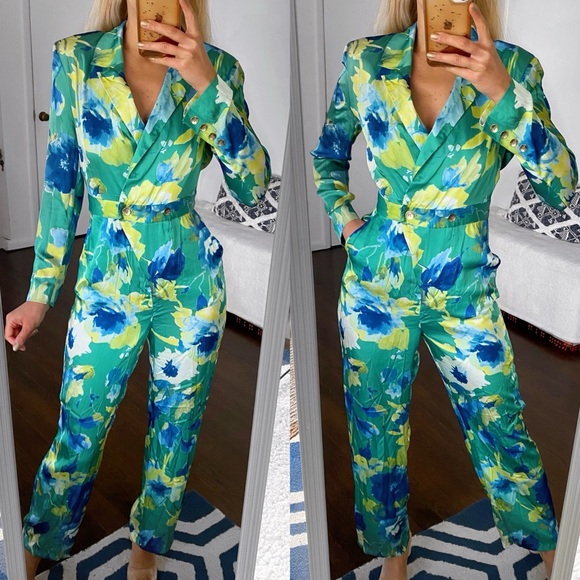 🦜 ZARA GREEN BLUE YELLOW FLORAL SATIN WIDE LEG LONG SLEEVE JUMPSUIT! - Picture 6 of 16